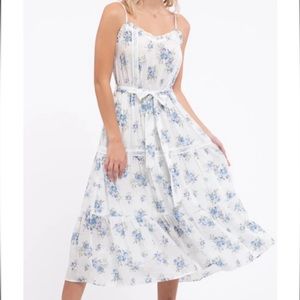 MINE White Blue Floral Ruffle Tiered Midi Dress Size Large